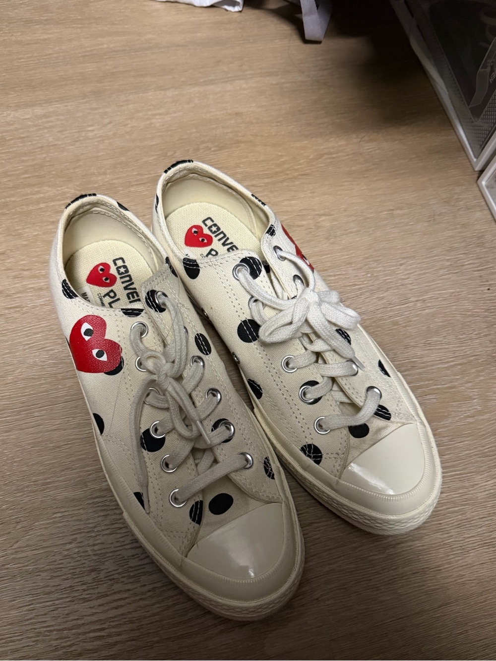 Converse Ivory Polka Dot Low Top Sneakers with Red Heart Logo